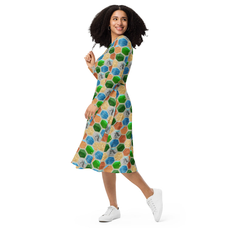 Nerdy Hexagon Tile Board Game Long Sleeve Midi Dress