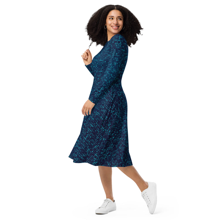 Nerdy Javascript Computer Code Blue Long Sleeve Midi Dress