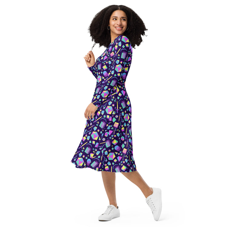 Nerdy Tabletop RPG Weapons Items Purple Blue Dnd Long Sleeve Midi Dress