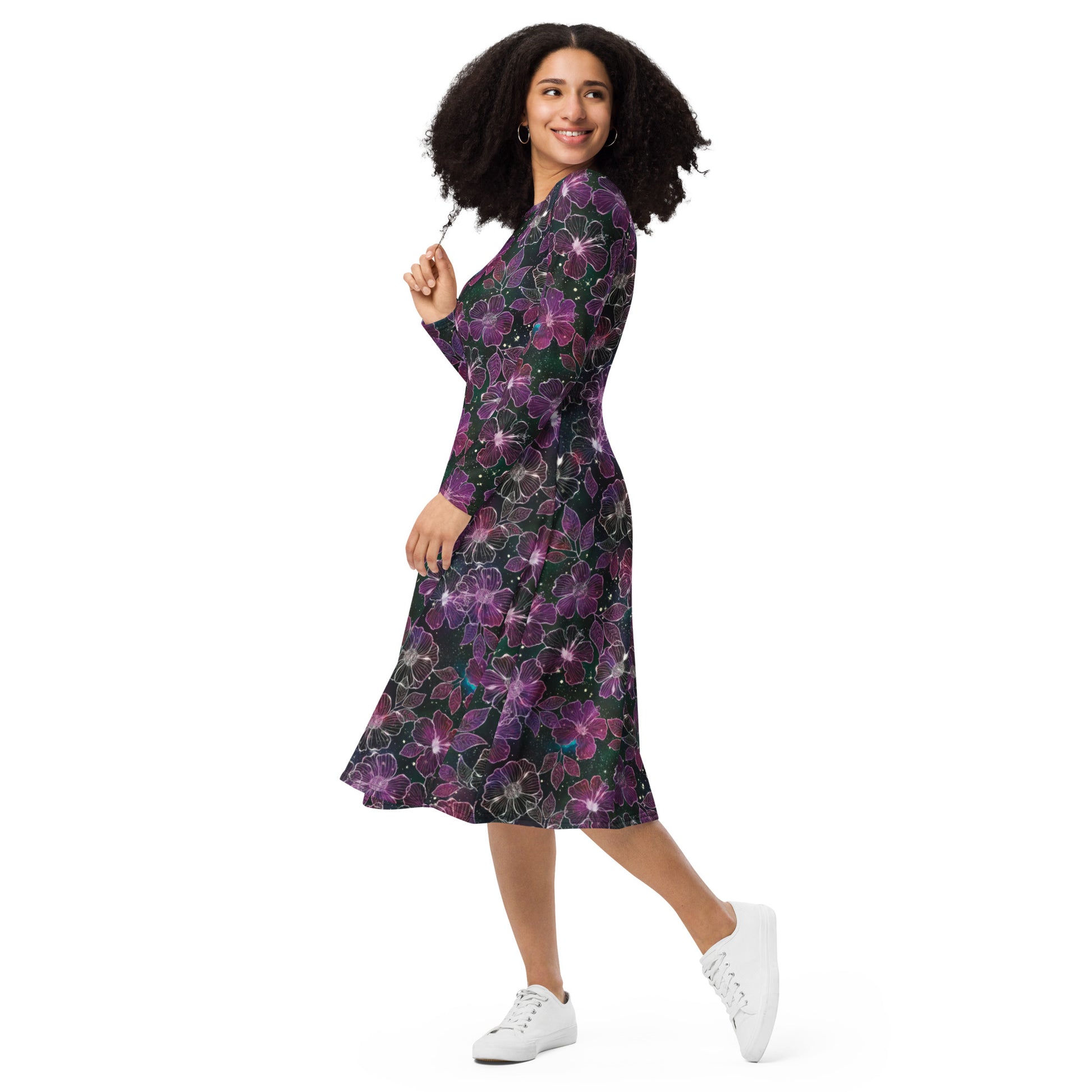 Hawaiian Blooms Space Long Sleeve Midi Dress 3