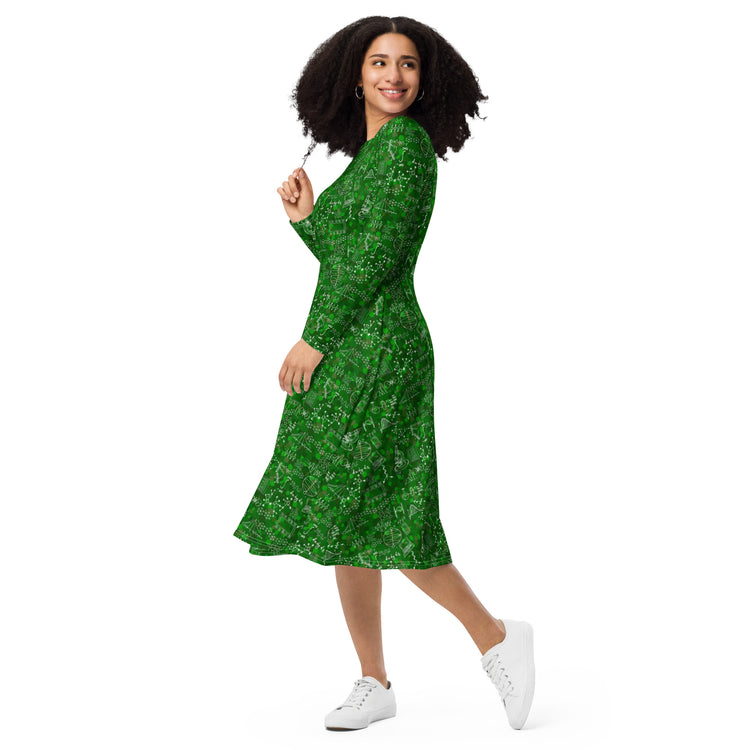 Nerdy Mad Science Lab Green Long Sleeve Midi Dress