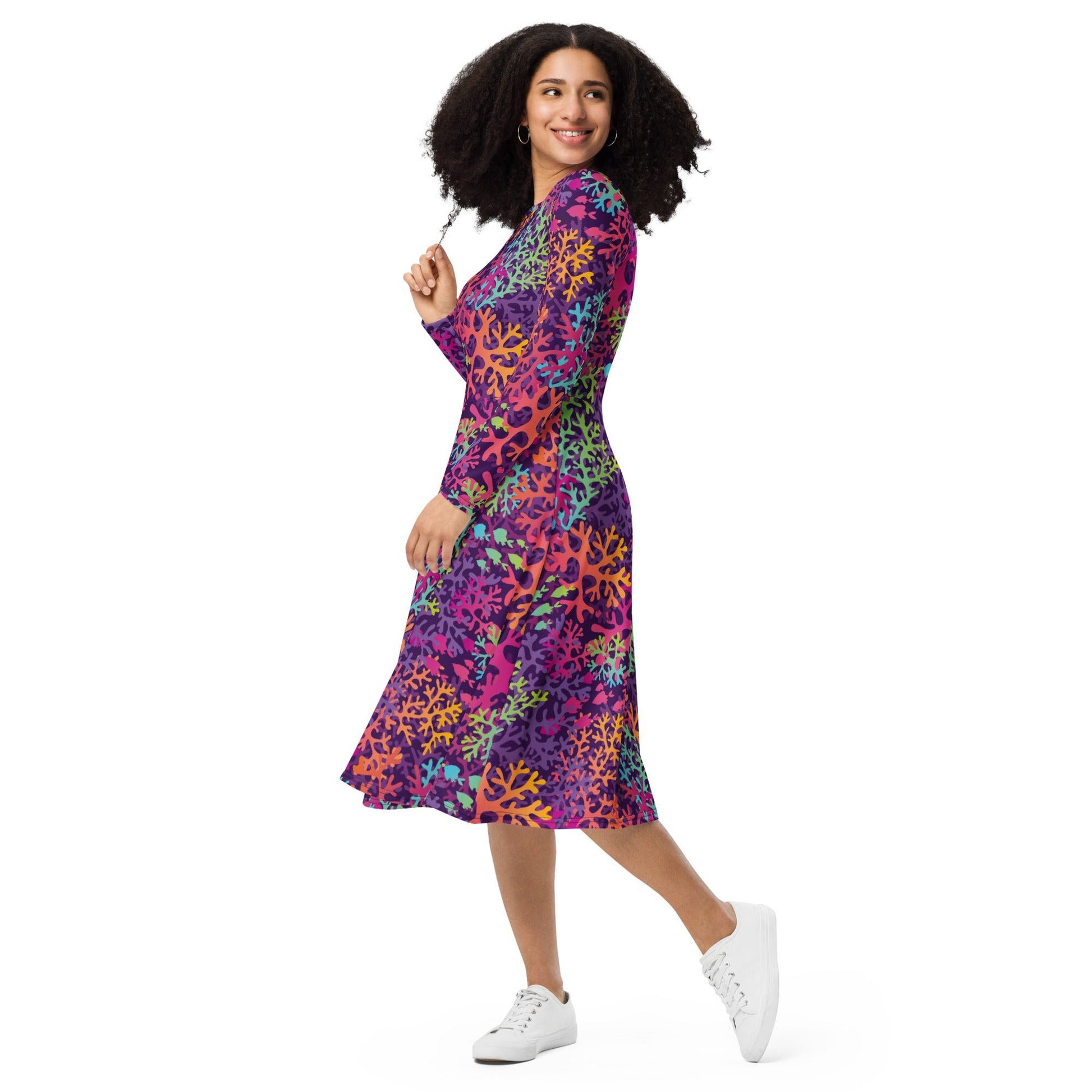 Science Marine Biology Rainbow Coral Long Sleeve Midi Dress 3