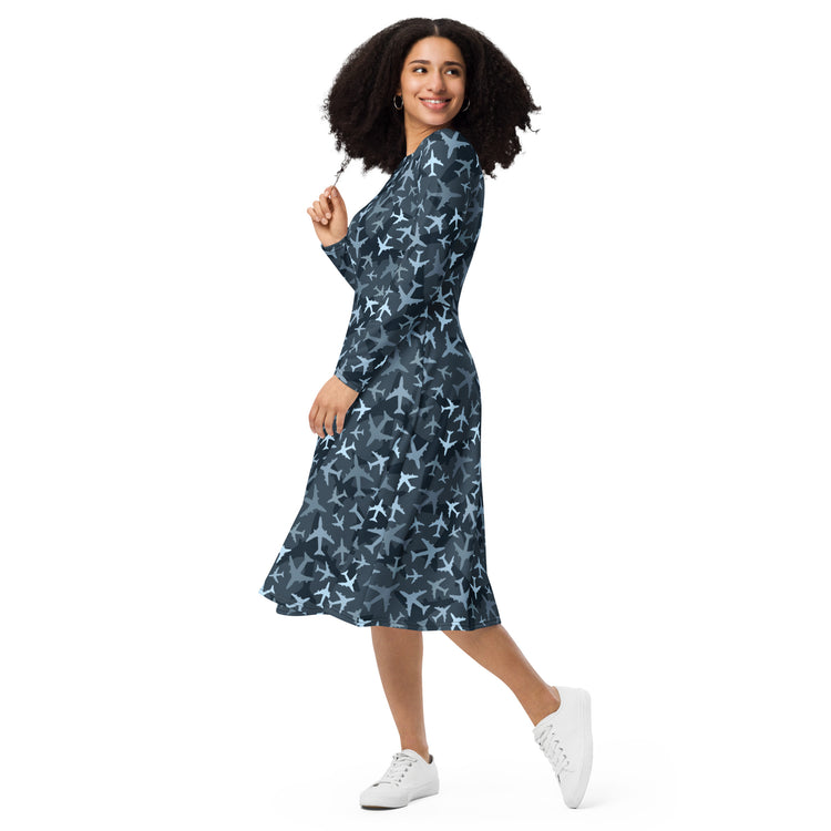 Nerdy Airplanes Blue Camouflage Blue Long Sleeve Midi Dress