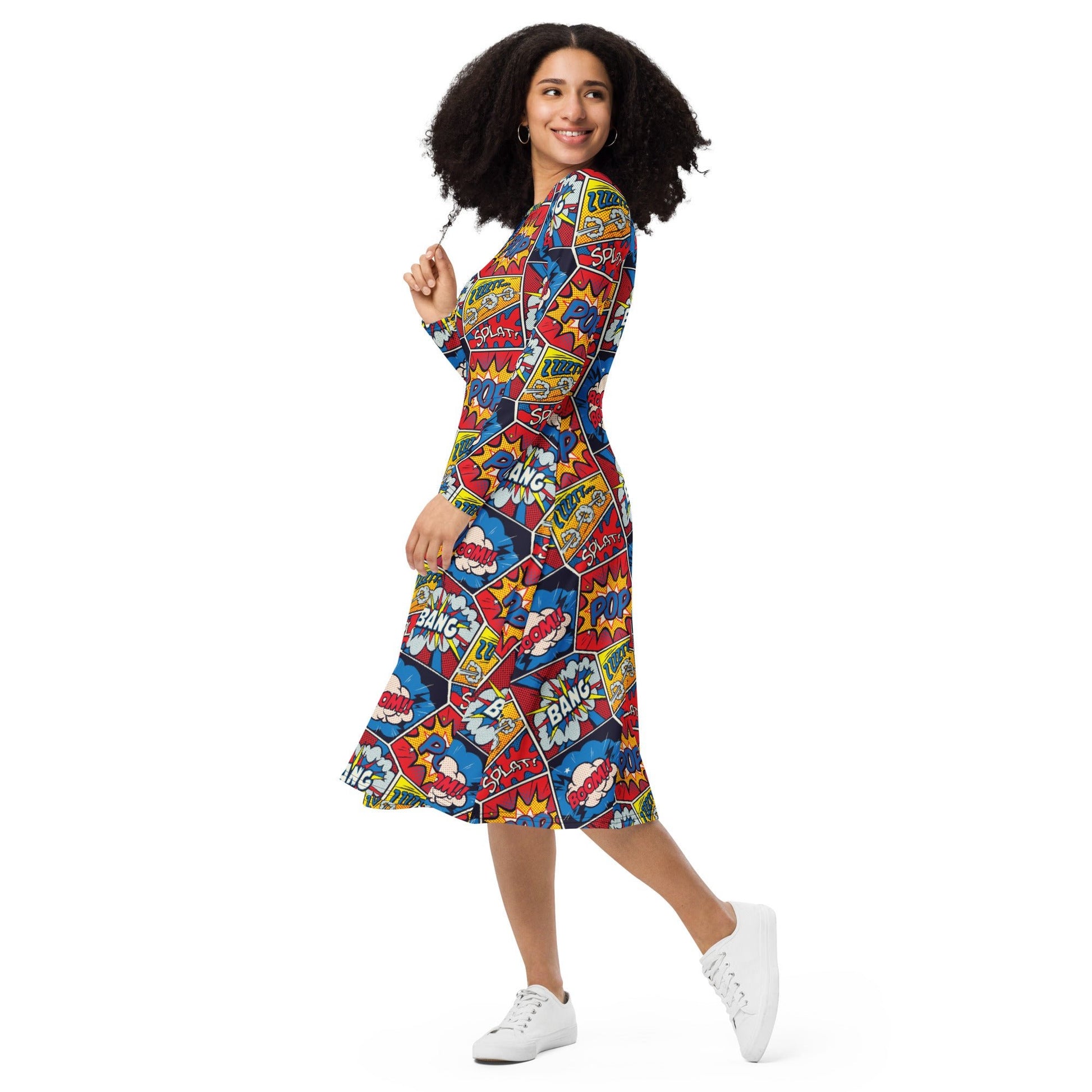 Pop Art Comic Book Red Long Sleeve Midi Dress 3