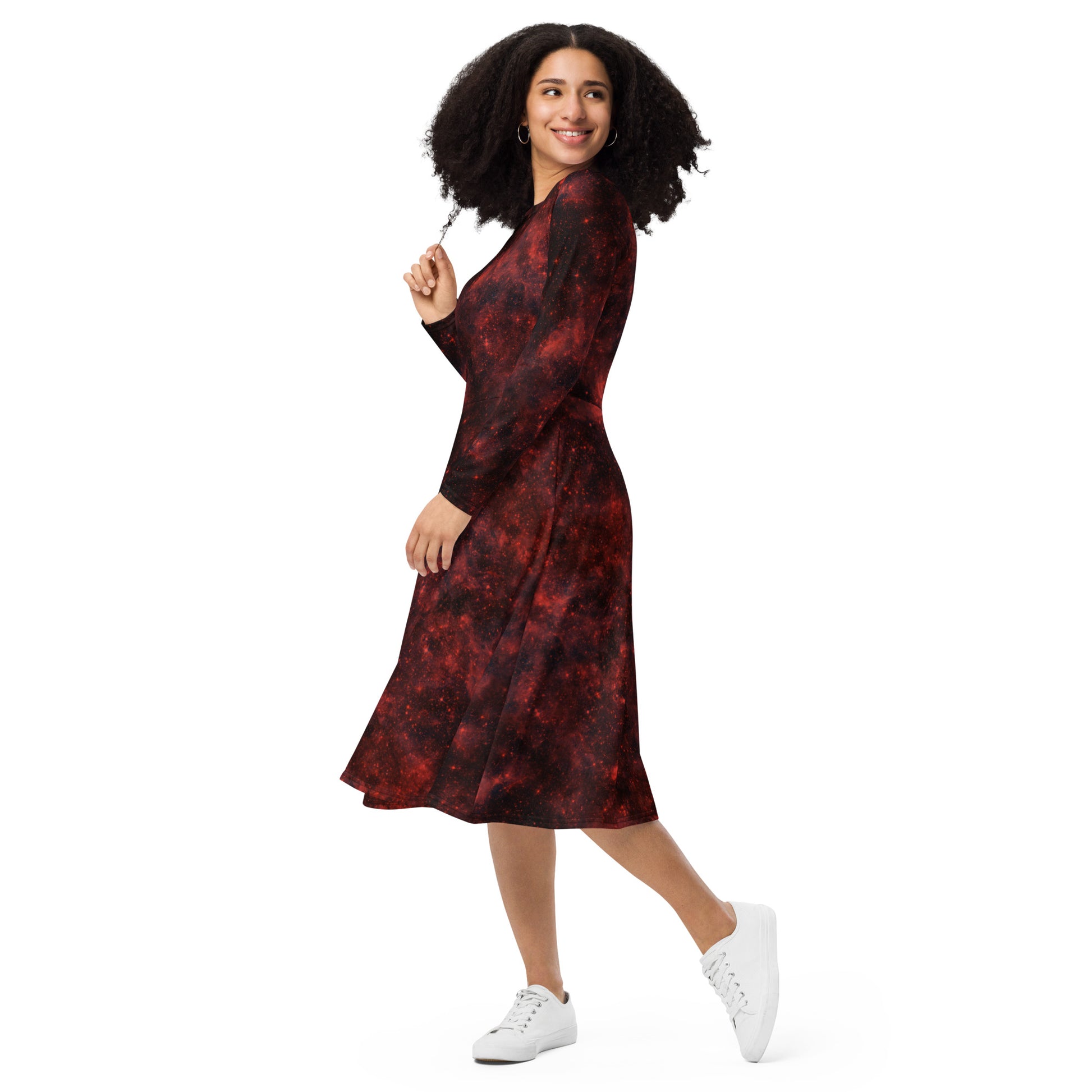 Red Nebula Space Long Sleeve Midi Dress 3