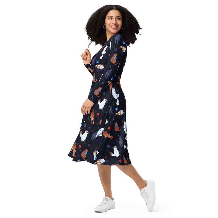 Nerdy Video Game Cats Dark Long Sleeve Midi Dress