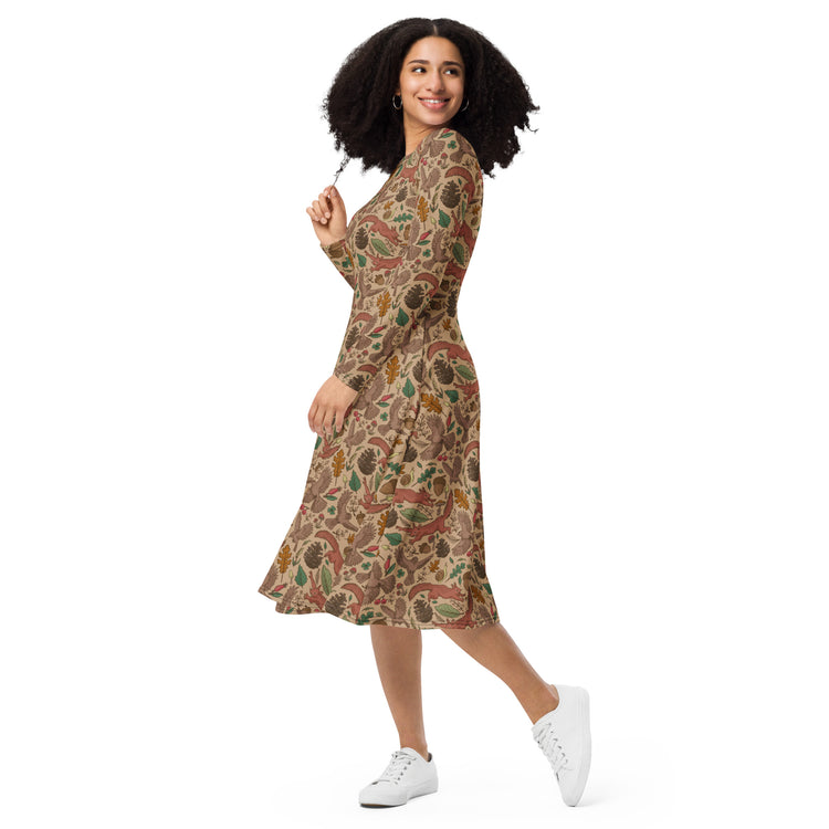 Nerdy Fall Squirrel Long Sleeve Midi Dress