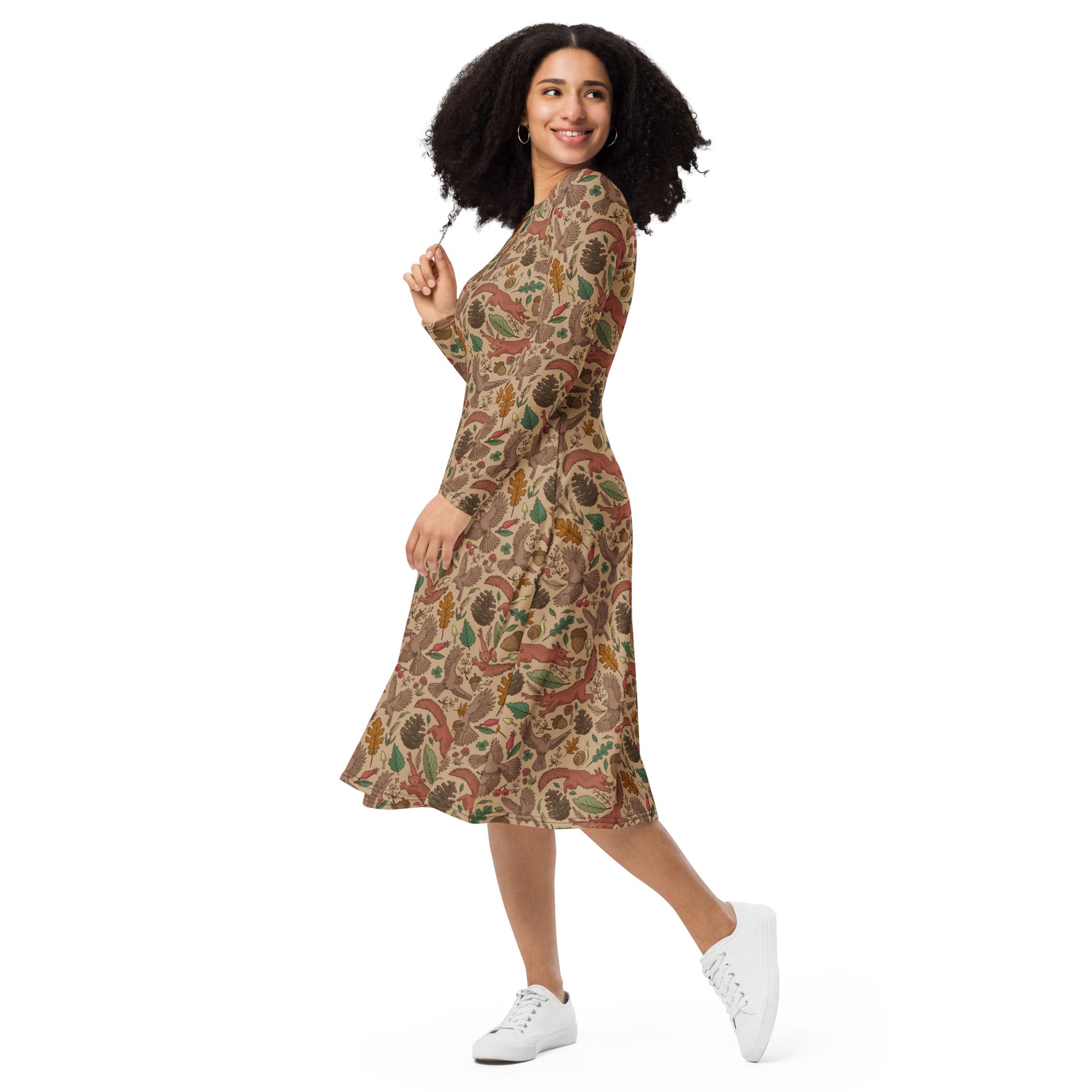 Fall Squirrel Long Sleeve Midi Dress 3