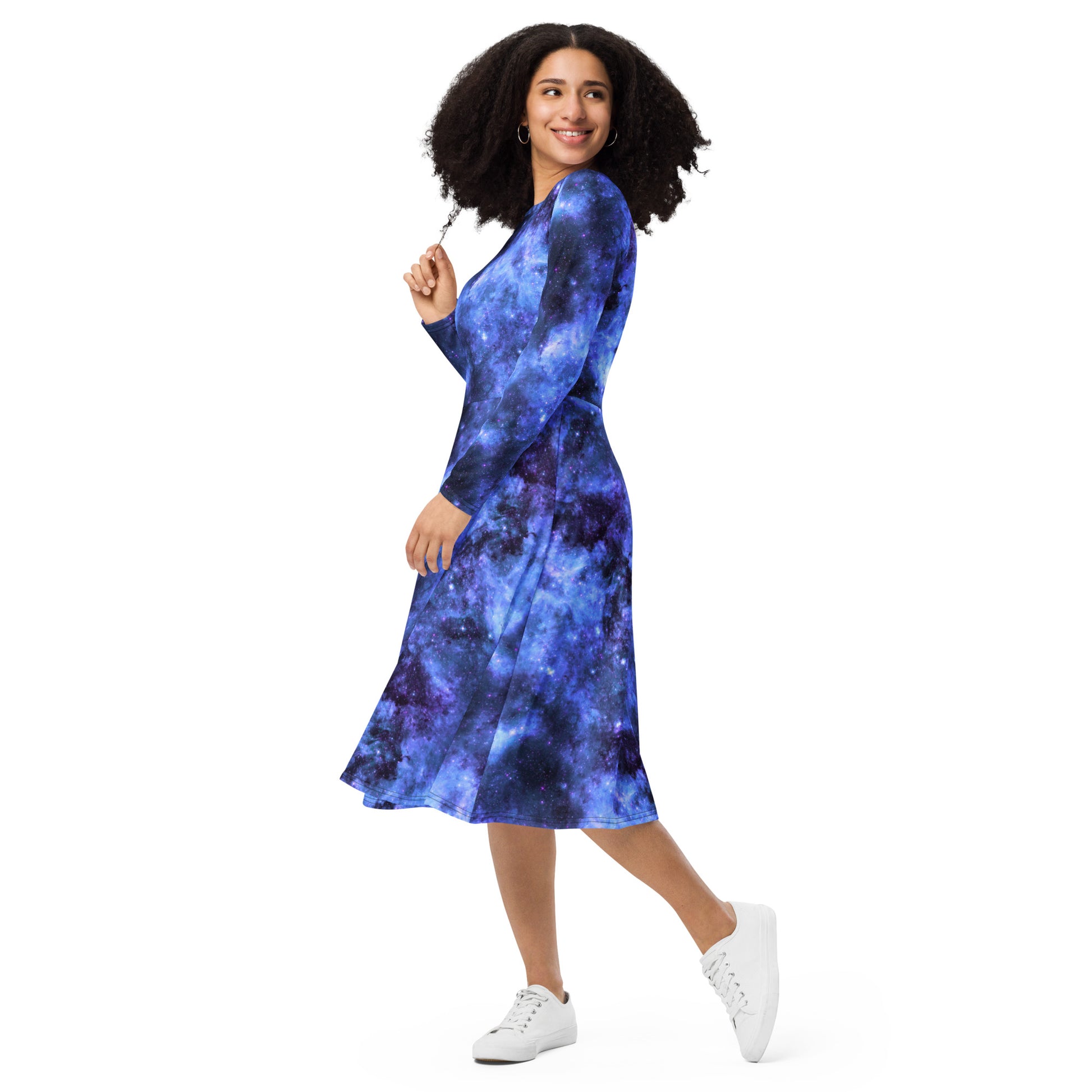 Blue Purple Nebula Space Long Sleeve Midi Dress 3