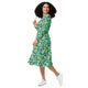 Nerdy Dinosaur Smiles Flowers and Leaves Long Sleeve Midi Dress