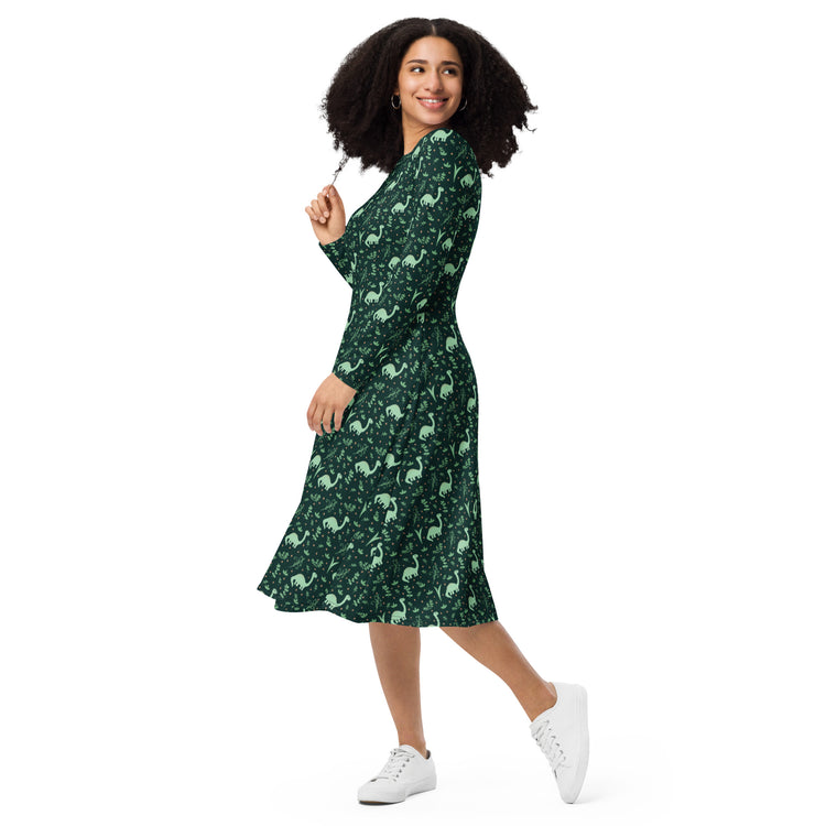 Nerdy Dino Green Tropics Green Dinosaur Long Sleeve Midi Dress