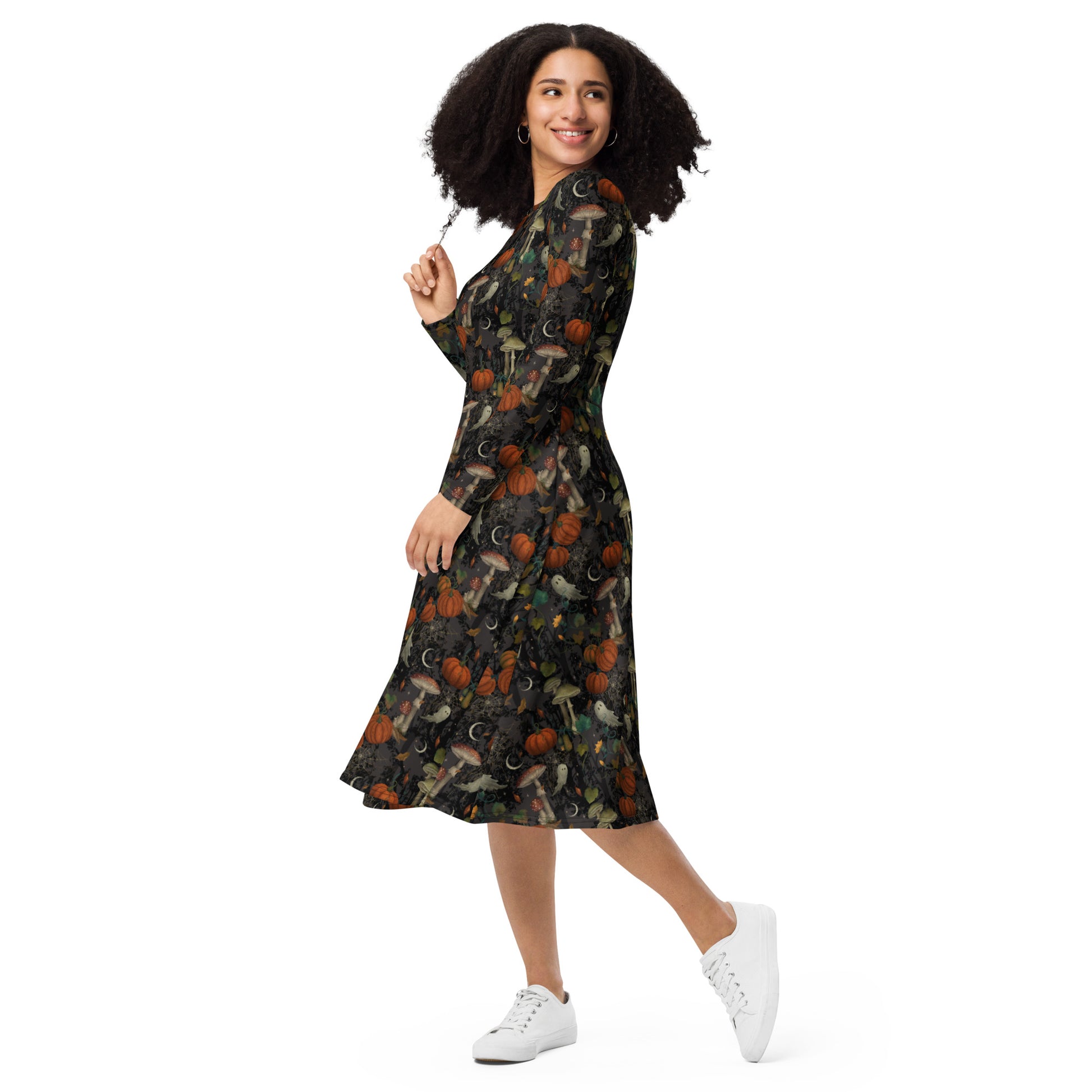 Cottagecore Halloween Mushroom Long Sleeve Midi Dress