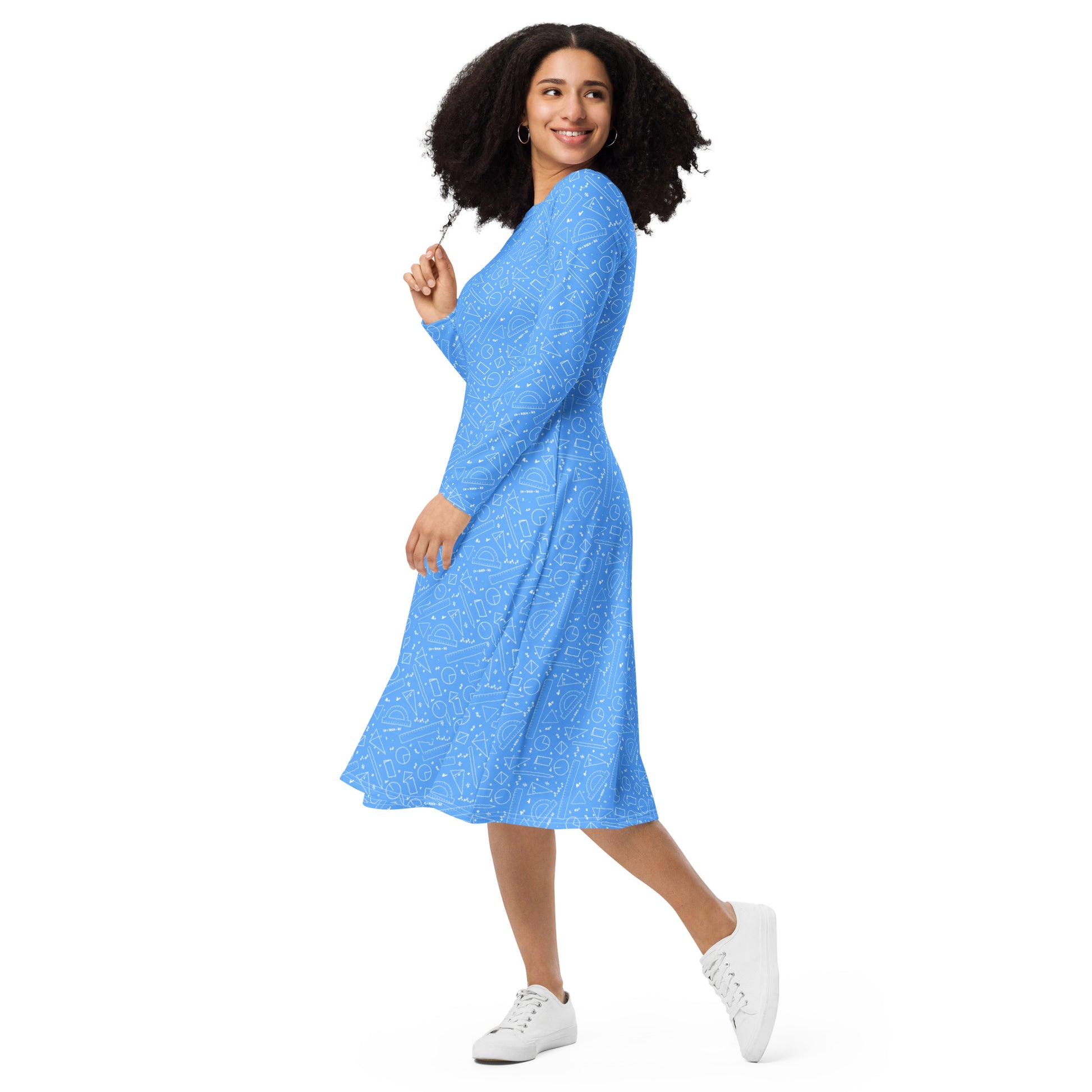 Geometry Blue Math Long Sleeve Midi Dress 3