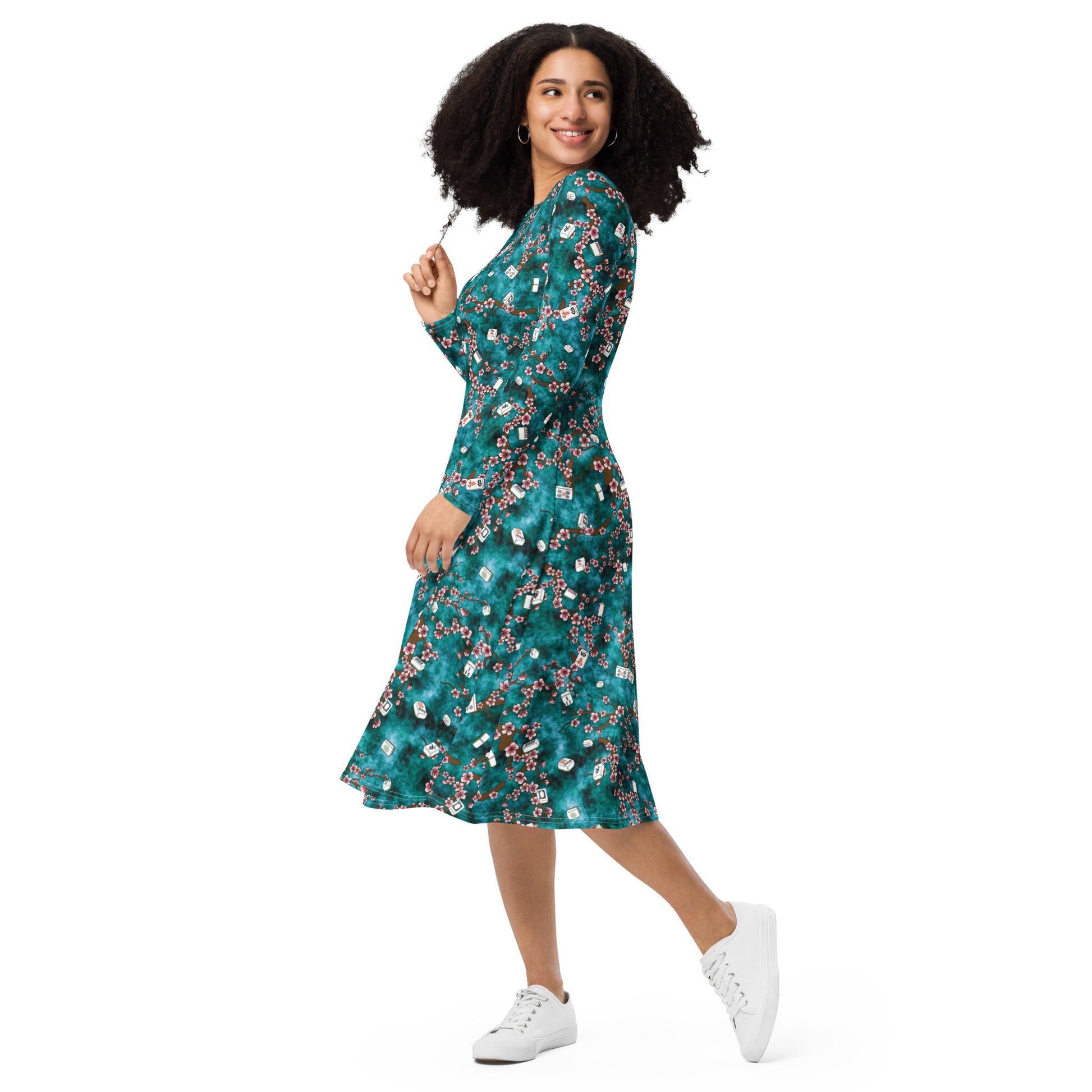 Mahjong Tiles Pond Anime Long Sleeve Midi Dress 3