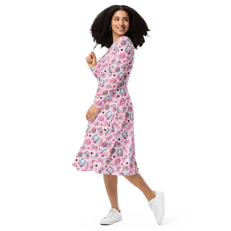 Nerdy Anime Gamer Items Pink Long Sleeve Midi Dress