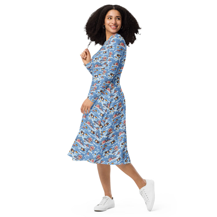 Nerdy Onsen Snow Monkeys Long Sleeve Midi Dress