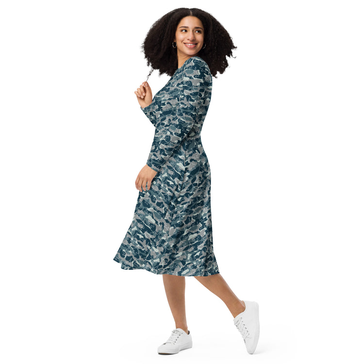 Nerdy Military Fighter Jet Navy Camo Blue Long Sleeve Midi Dress