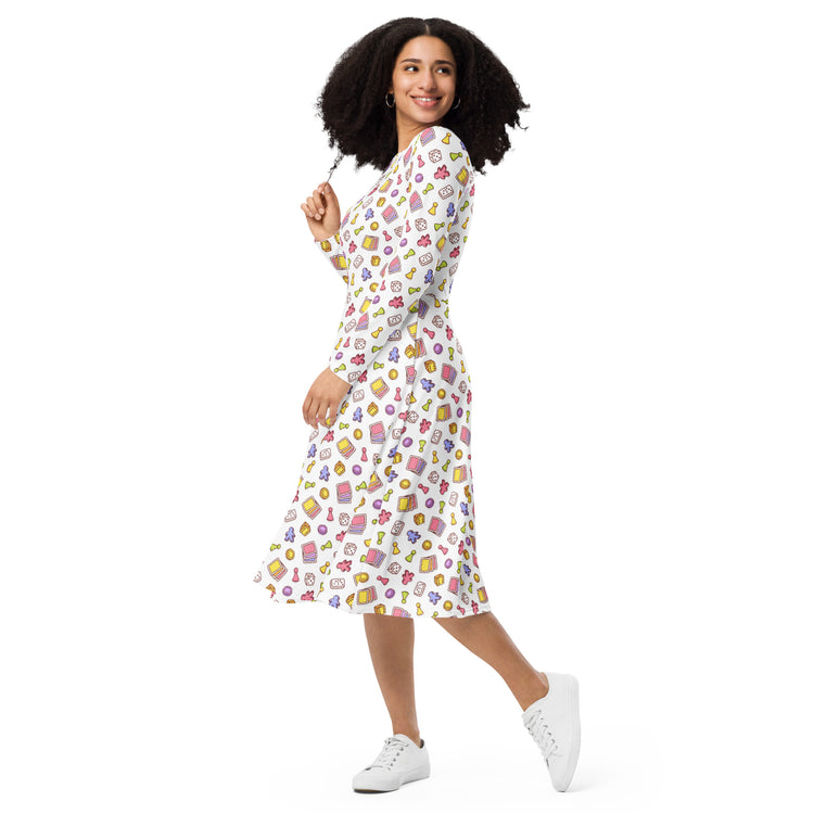 Nerdy Board Game Objects Meeples White Long Sleeve Midi Dress