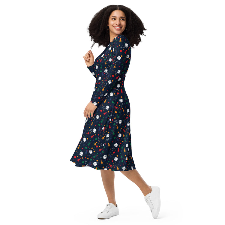 Nerdy Pawn Party Blue Board Game Long Sleeve Midi Dress