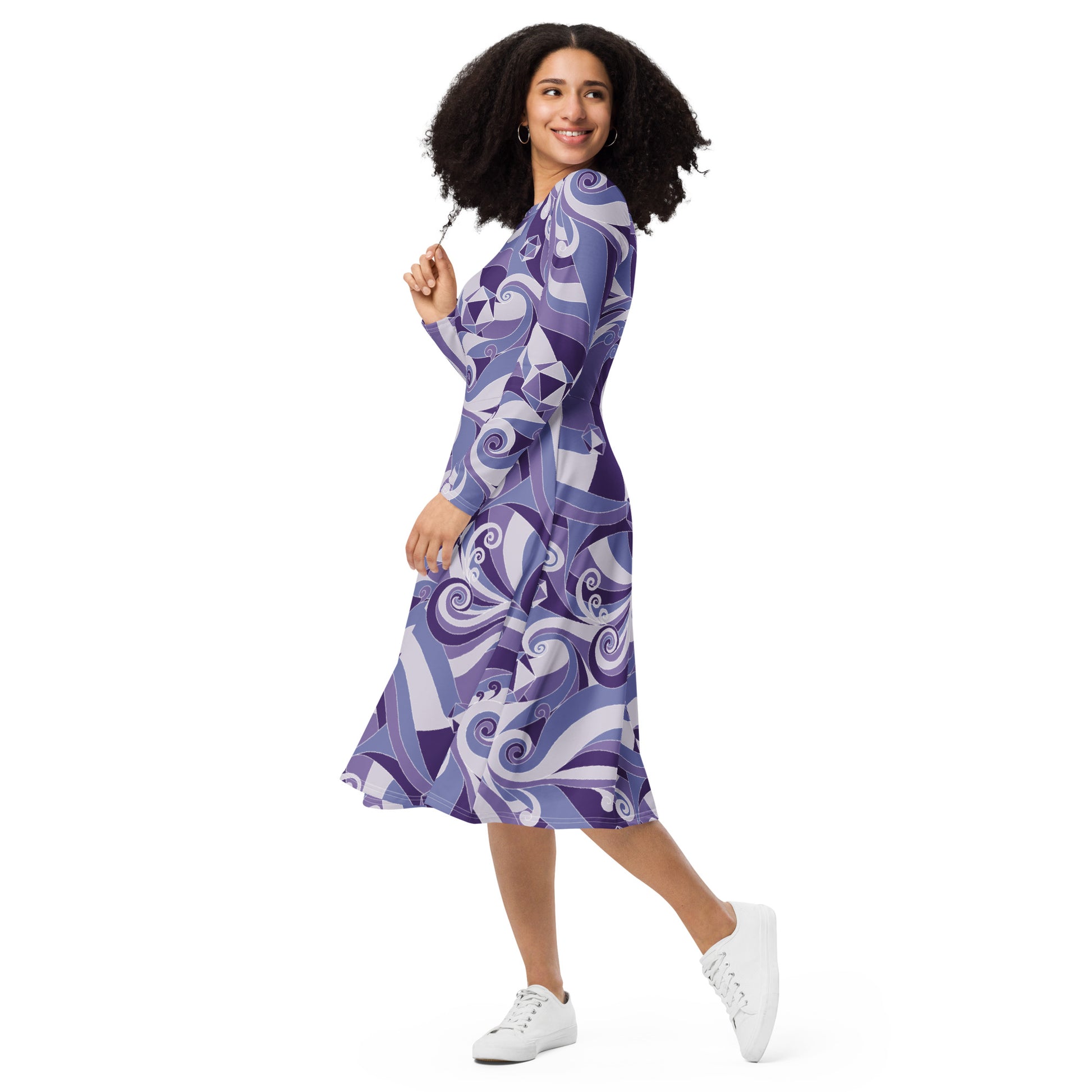 Dnd Dice Swirls Purple Long Sleeve Midi Dress 3
