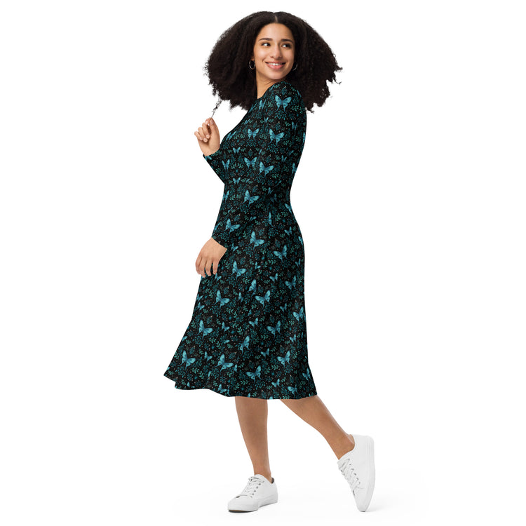 Nerdy Episodic Mystical Butterfly Long Sleeve Midi Dress