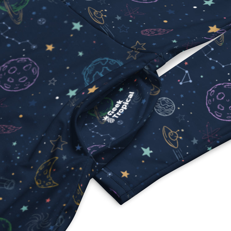 Nerdy Space Doodles Blue Long Sleeve Midi Dress