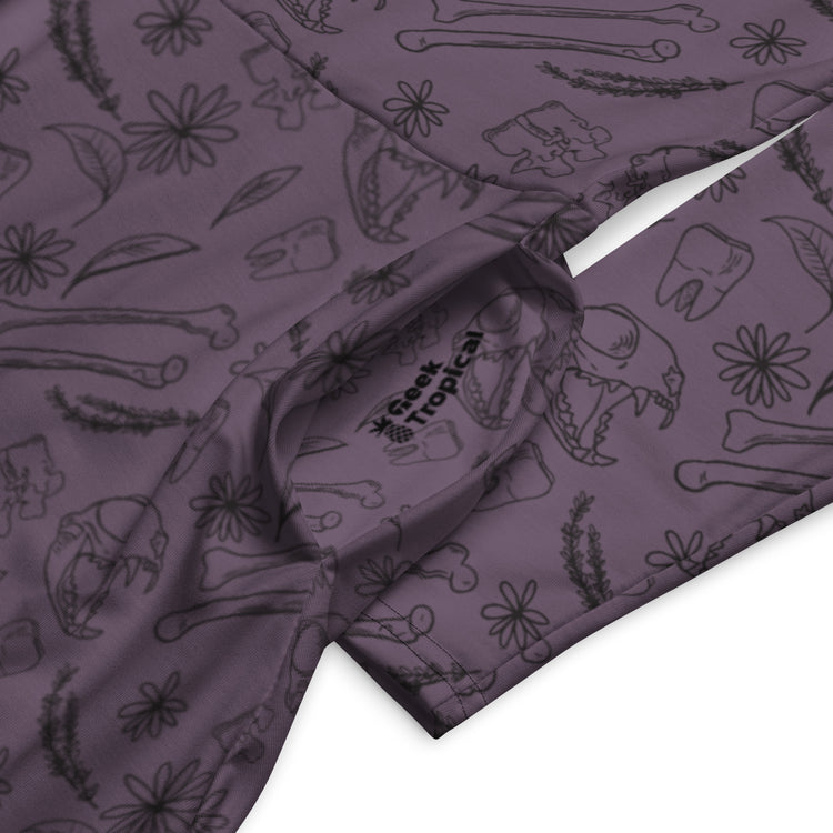 Nerdy Bones and Flowers Purple Long Sleeve Midi Dress