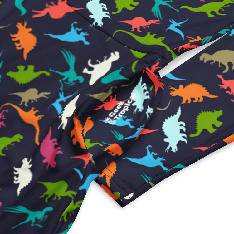 Nerdy Colorful Dinosaur Silhouettes Navy Long Sleeve Midi Dress
