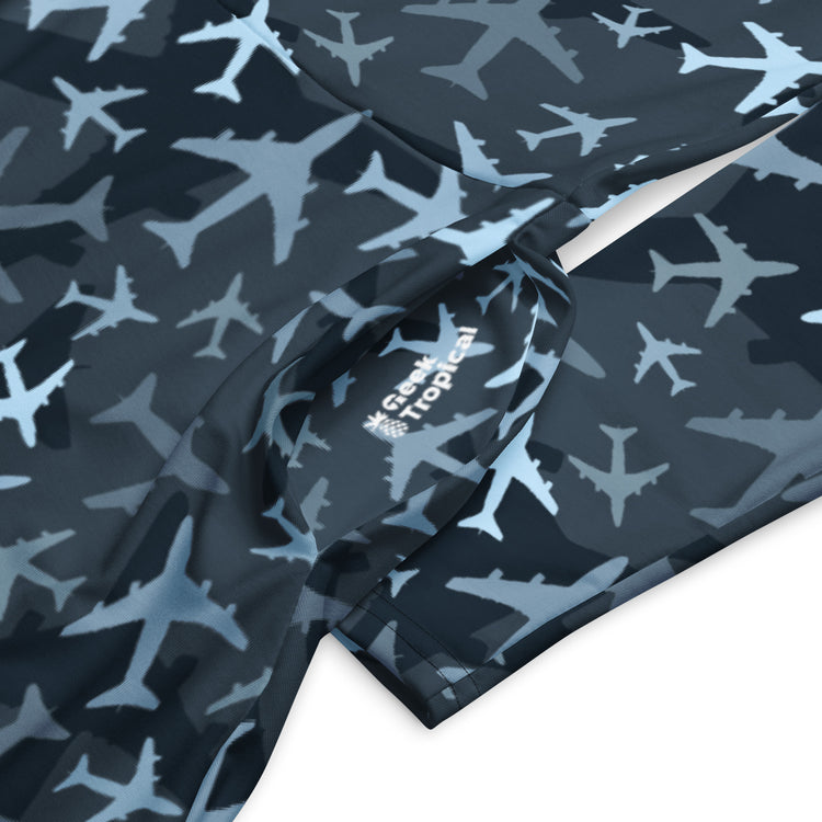 Nerdy Airplanes Blue Camouflage Blue Long Sleeve Midi Dress