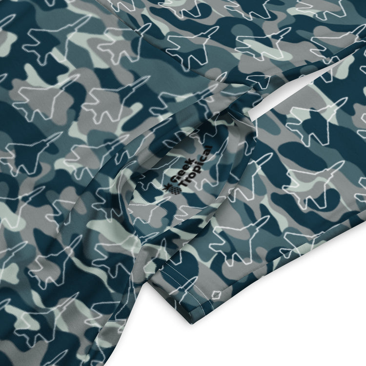 Nerdy Military Fighter Jet Navy Camo Blue Long Sleeve Midi Dress