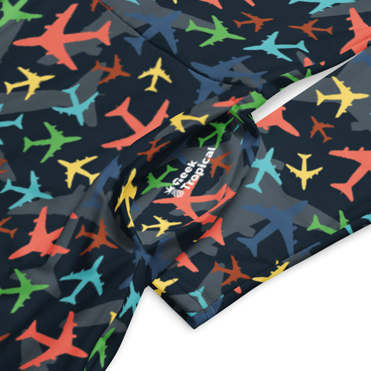 Nerdy Multi Colored Airplanes on Blue Long Sleeve Midi Dress