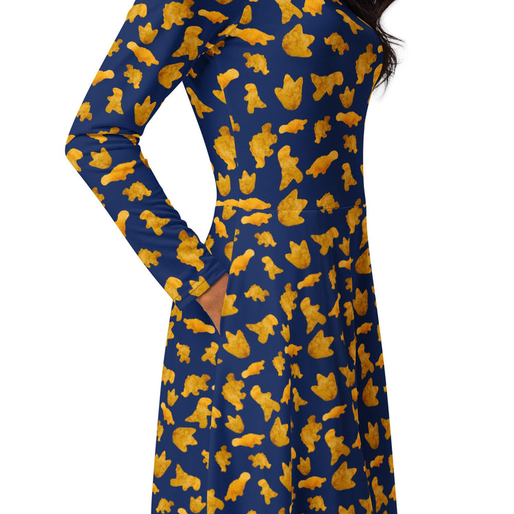 Nerdy Dinosaur Chicken Nuggets Blue Long Sleeve Midi Dress