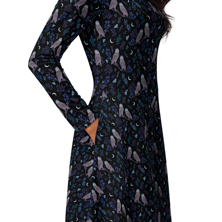 Nerdy Episodic Owl Floral Long Sleeve Midi Dress