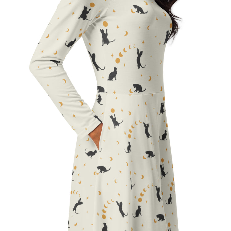 Nerdy Episodic Cat Catching the Moon Long Sleeve Midi Dress