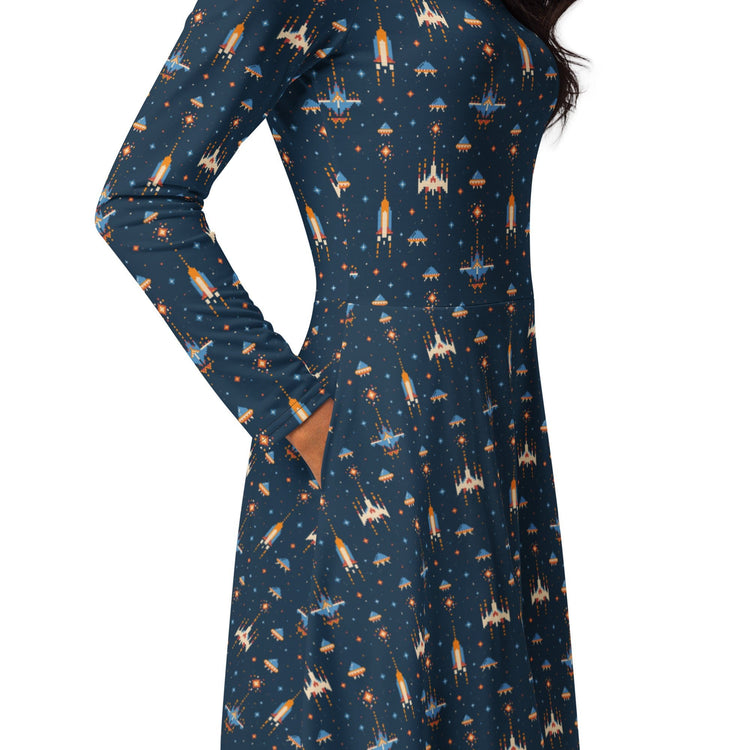 Nerdy Space Retro Arcade Long Sleeve Midi Dress