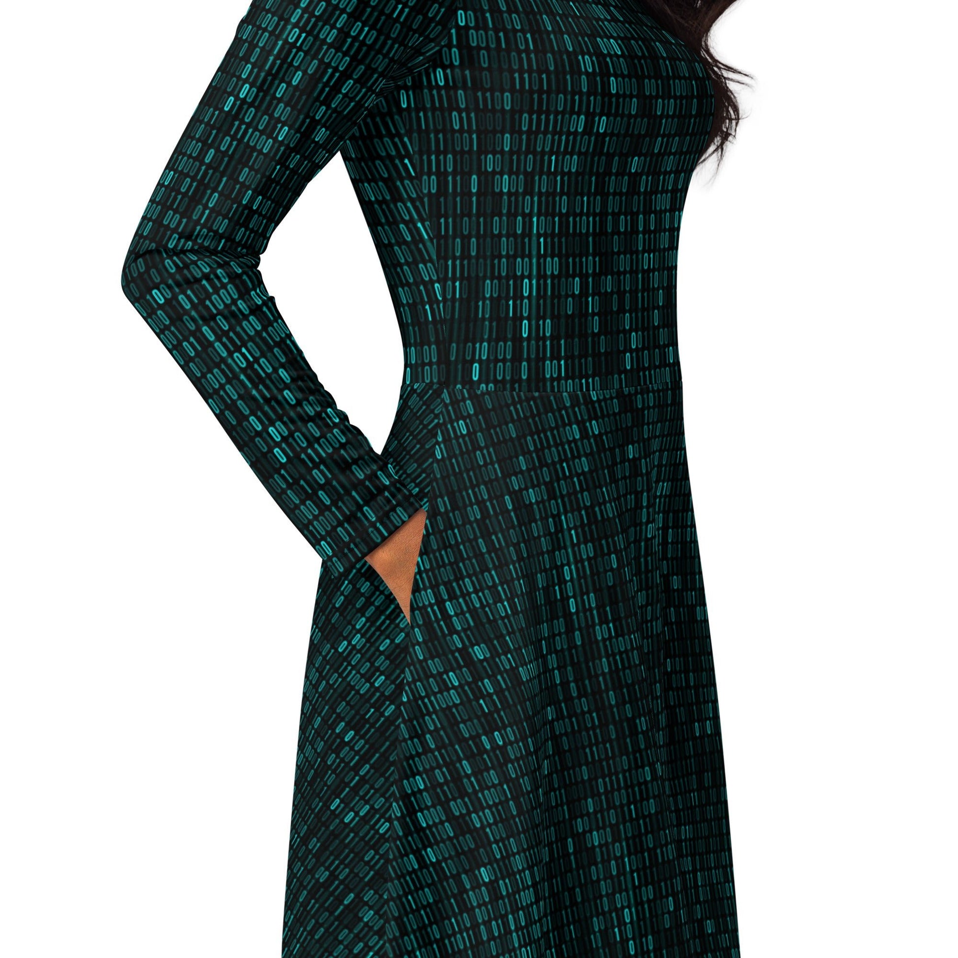 Binary Computer 1s and 0s Teal Black Long Sleeve Midi Dress 5