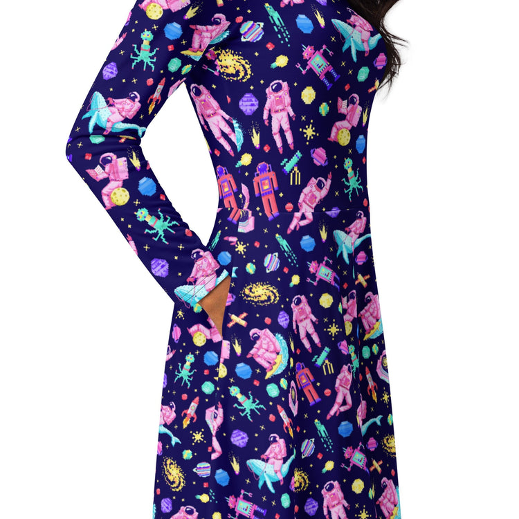 Nerdy Astronaut Pixels Outer Space Purple Blue Long Sleeve Midi Dress