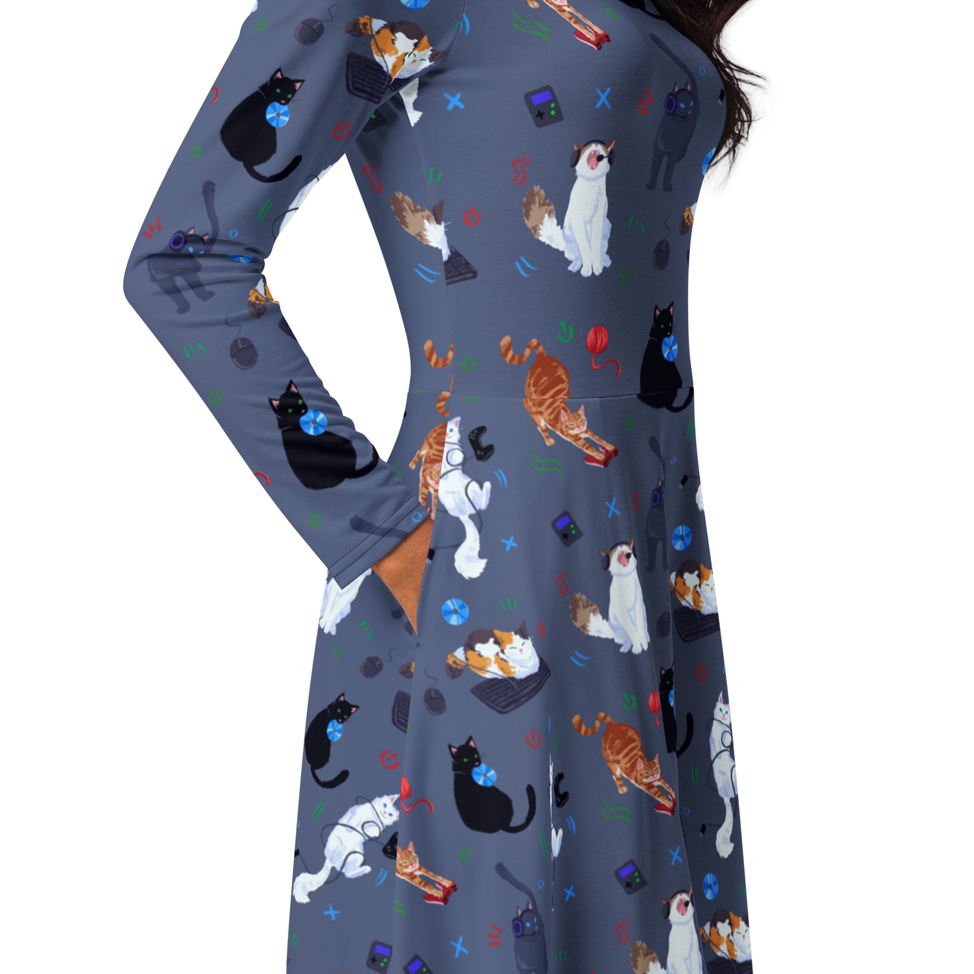 Video Game Cats Light Long Sleeve Midi Dress 5