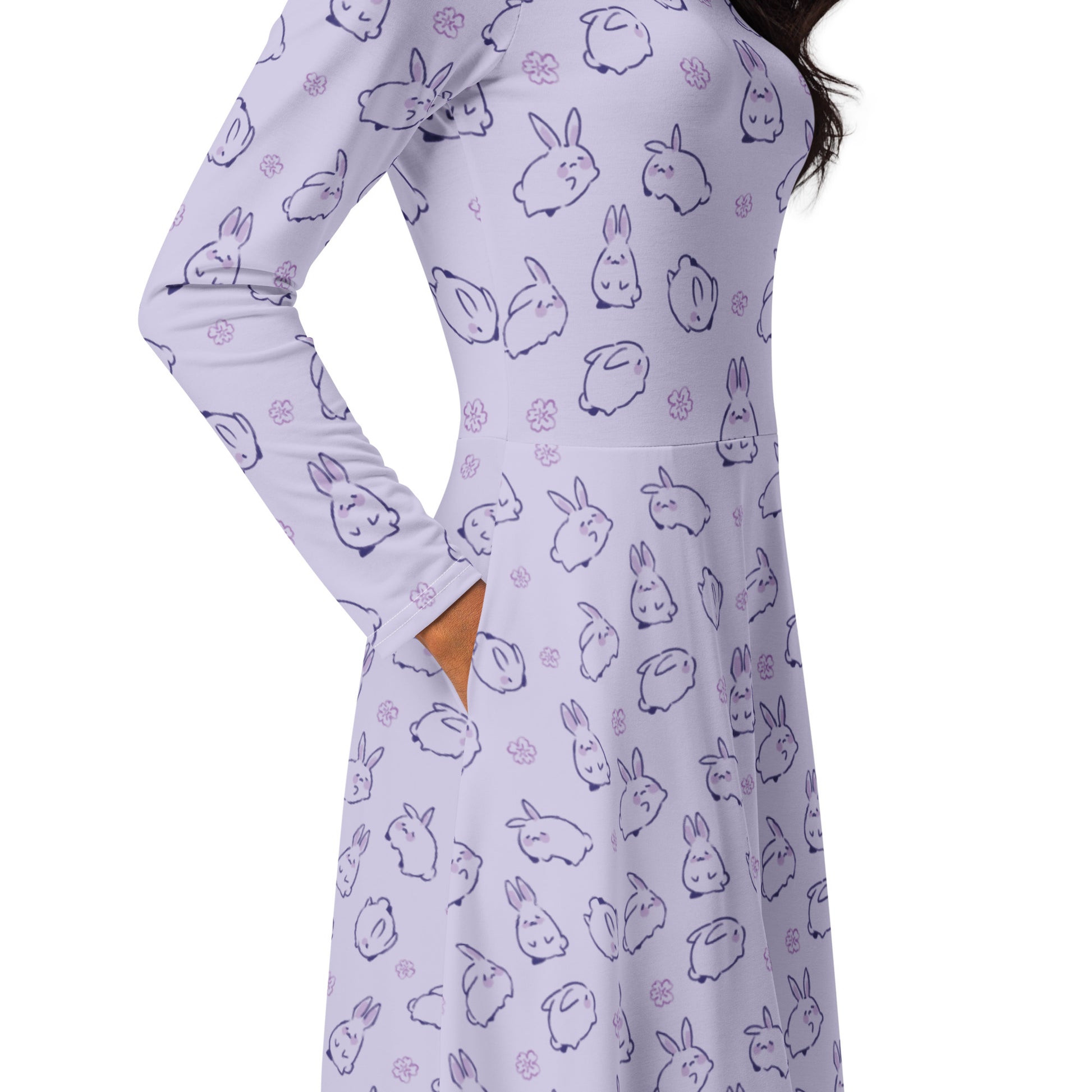 Lilac Anime Bunnies Long Sleeve Midi Dress 5