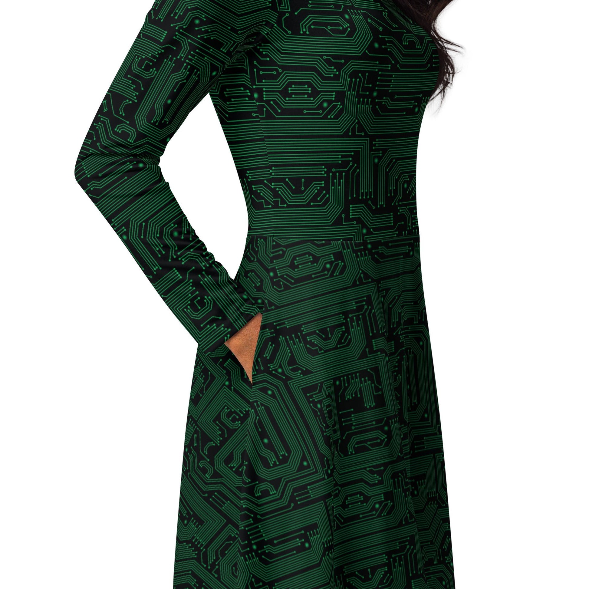 Green Computer Circuits Long Sleeve Midi Dress 5