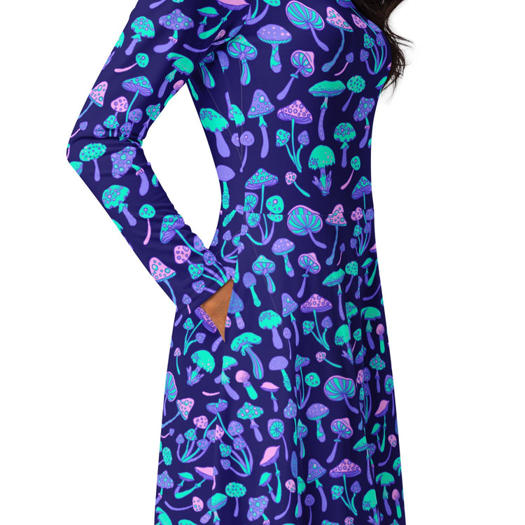 Nerdy Psychedelic Mushrooms Long Sleeve Midi Dress