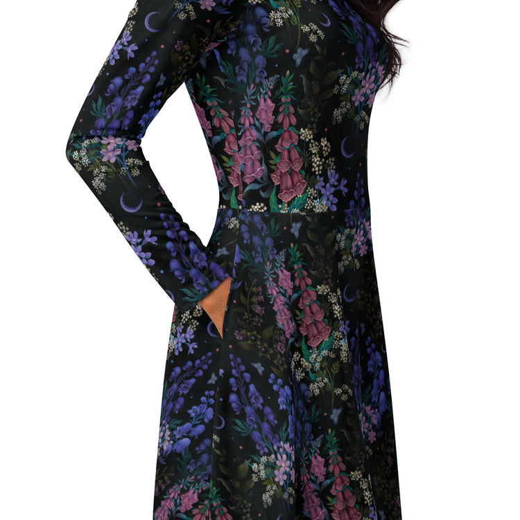 Nerdy Floral Purple Night Long Sleeve Midi Dress