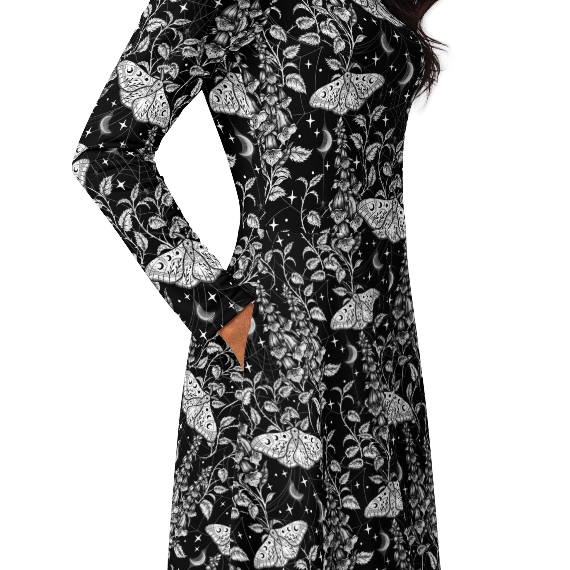 Episodic Moth Black White Night Long Sleeve Midi Dress 6