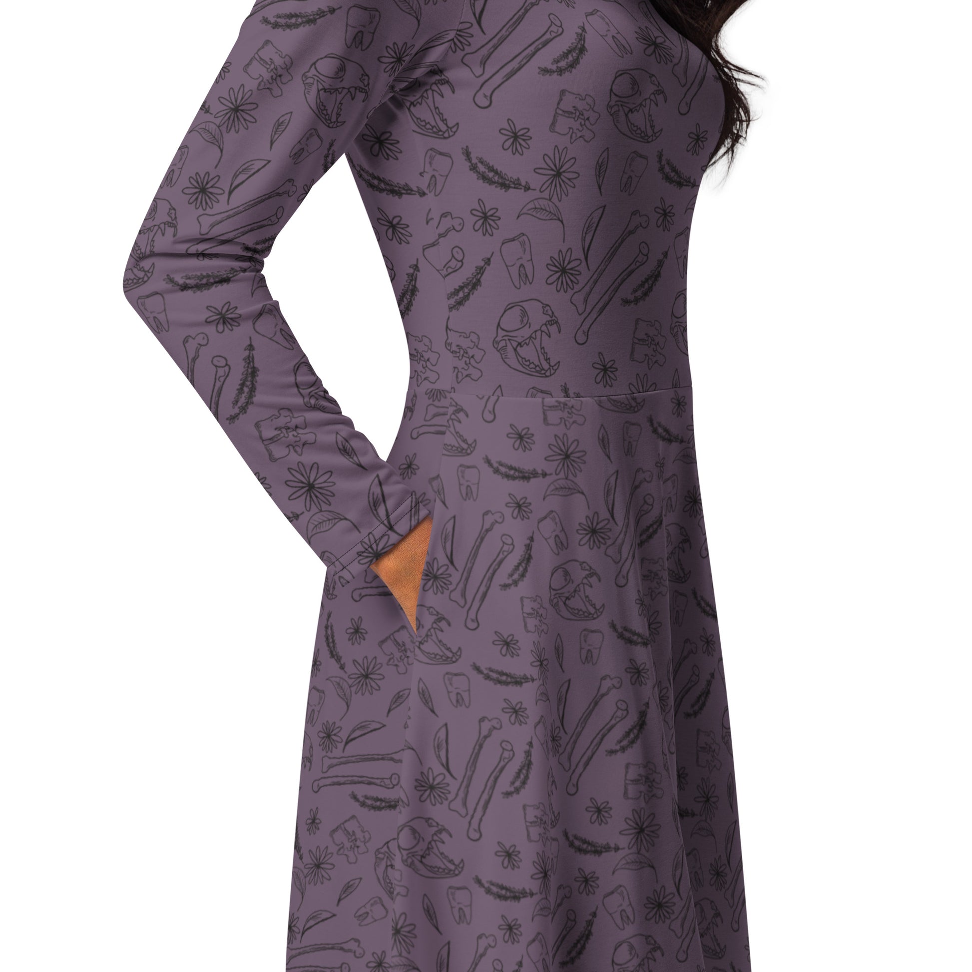 Bones and Flowers Purple Long Sleeve Midi Dress 5