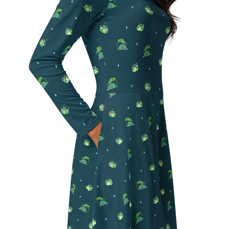 Nerdy Raining Frogs Dark Teal Long Sleeve Midi Dress