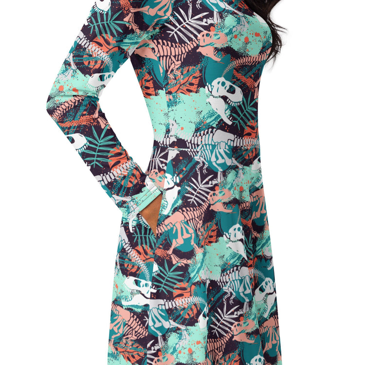 Nerdy T - Rex Bones Footprints Green Long Sleeve Midi Dress