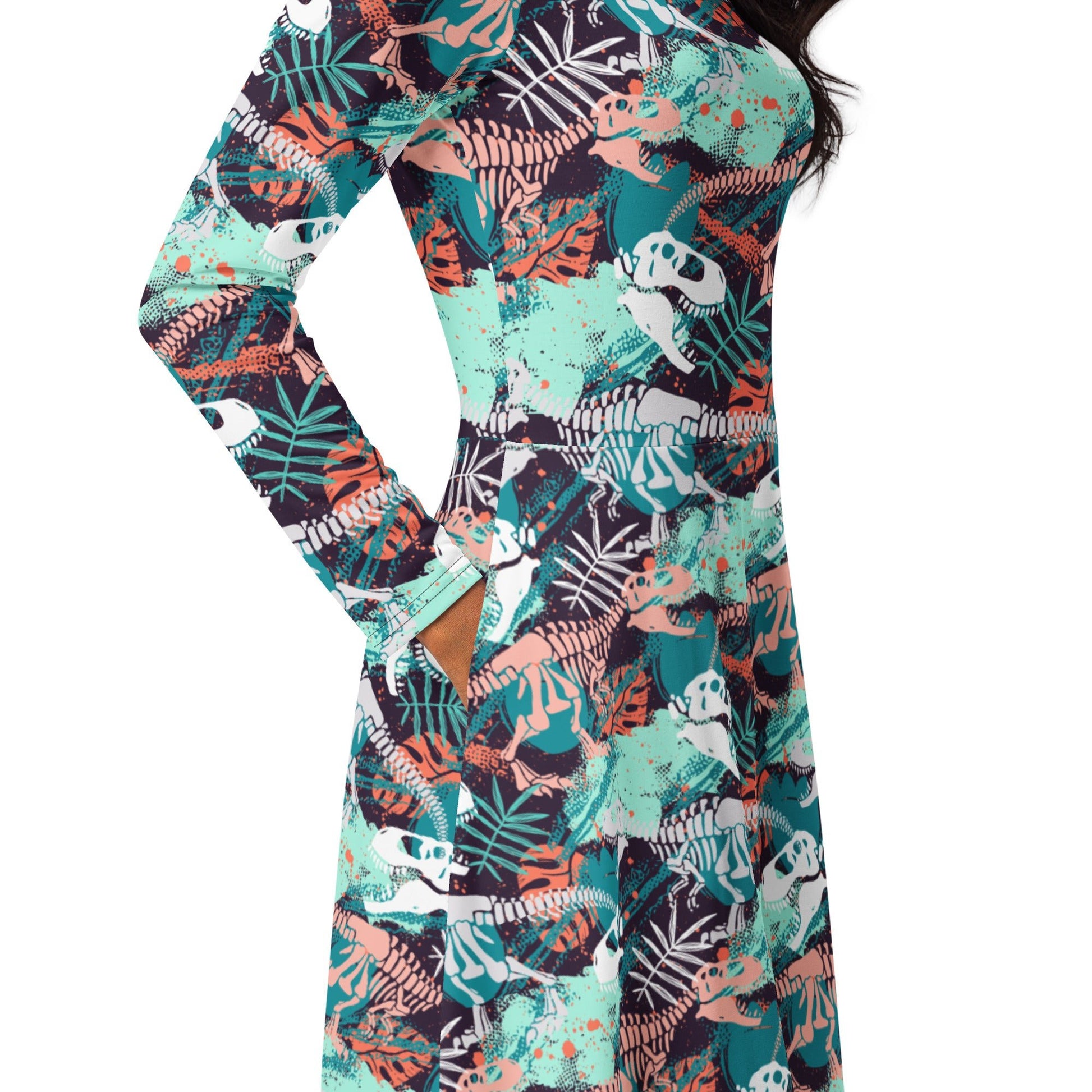 T-Rex Bones Footprints Green Long Sleeve Midi Dress 5