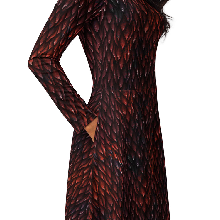 Nerdy Red Dragon Scales Dnd Long Sleeve Midi Dress