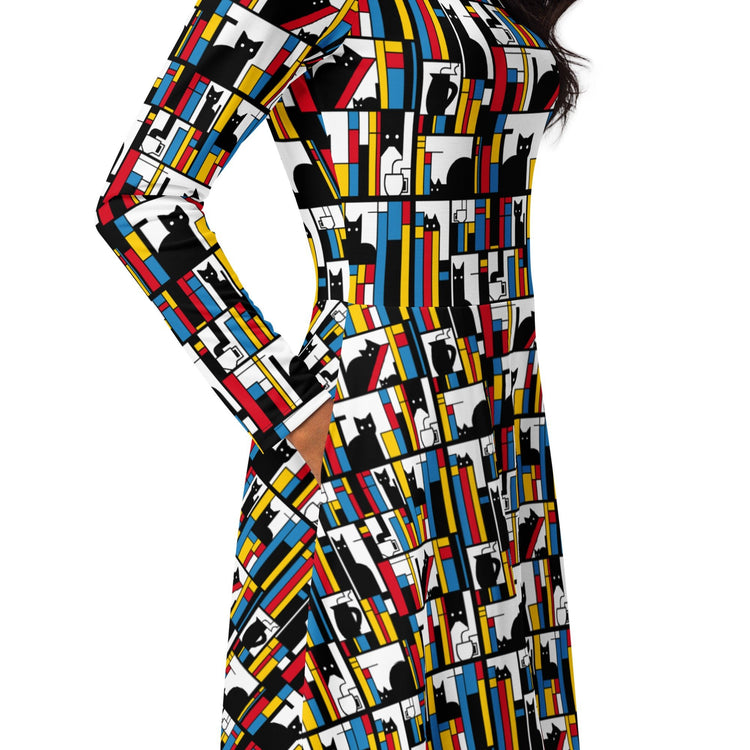 Nerdy Mondrian Cat Library Long Sleeve Midi Dress