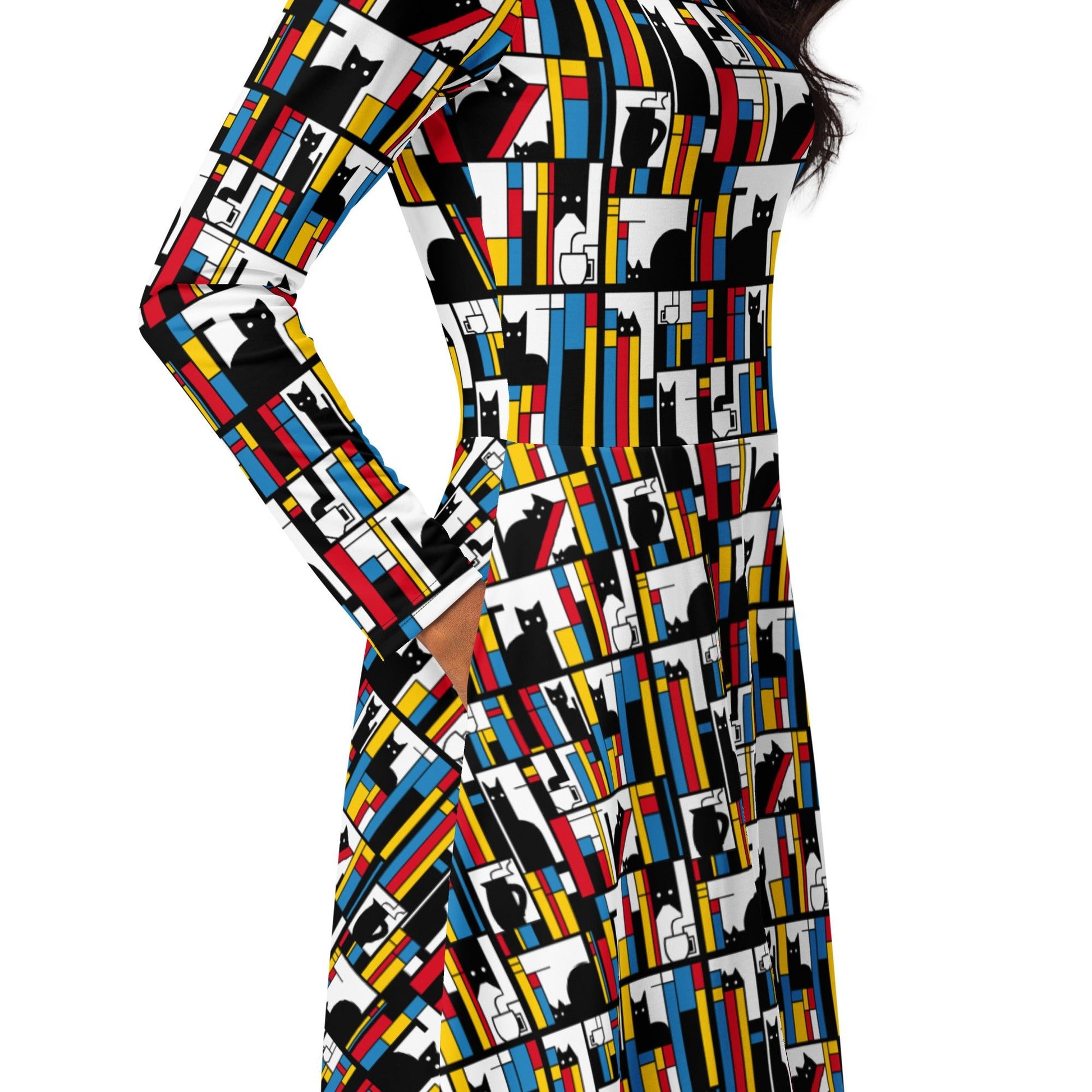 Mondrian Cat Library Long Sleeve Midi Dress 5